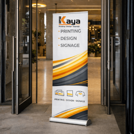 Chrome stand executive banner with premium printed graphics for corporate events and professional displays