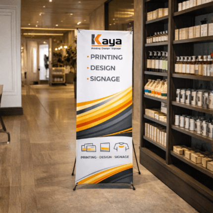 X-banner display stand with printed banner for events, promotions, retail advertising and exhibitions