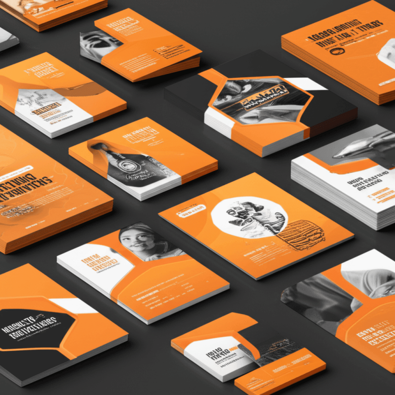 Create images in the 4_3 aspect ratio, in orange, black and white for Digital printing products for website galleryie, create images of digital printing products, photorealistic style - Variation 1