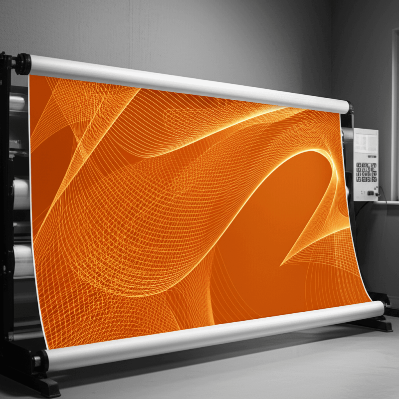 Create images in the 4_3 aspect ratio, in orange, black and white for Digital printing products for website galleryie, create images of large format products - Variation 3